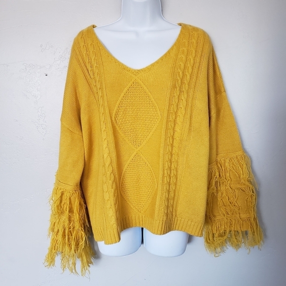 Pink Lily Small Oversized Mustard Yellow Long Sleeve Knit Sweater Fringe Boho - Picture 1 of 7